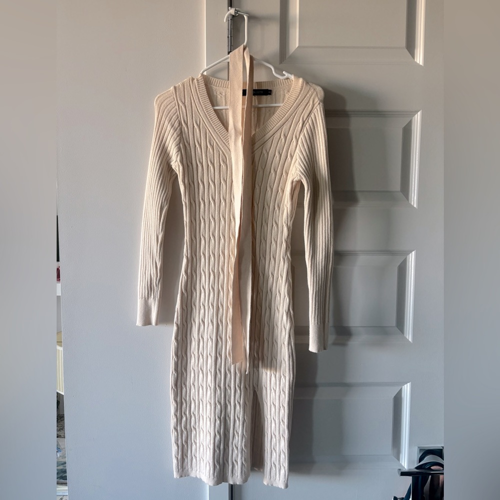 MEROKEETY V Neck Cable Knit Sweater Dress with Belt